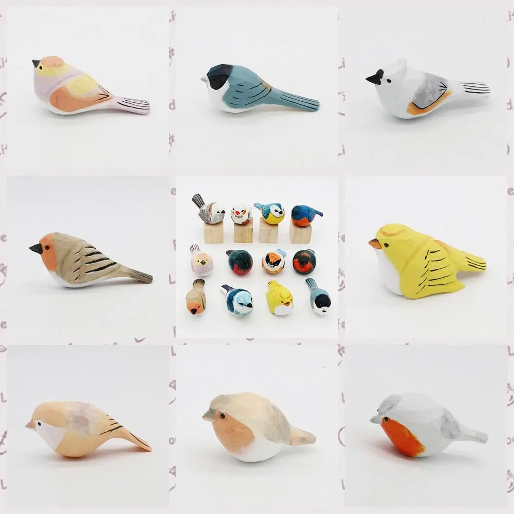 Cute Wood Carving Bird Handmade Mini Small Bird Ornament Carving Nordic-style Wooden Bird Figurine Children's Toys