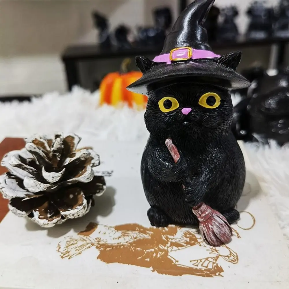 Creative Resin Flying Broom Cat Small Cute Black Cat Witch Statue Decorative Witch Cats Figurine for Halloween