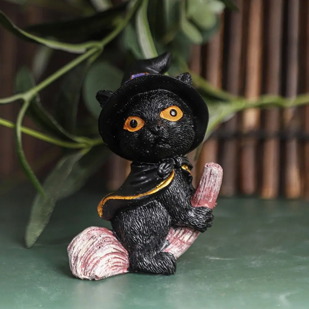 Creative Resin Flying Broom Cat Small Cute Black Cat Witch Statue Decorative Witch Cats Figurine for Halloween