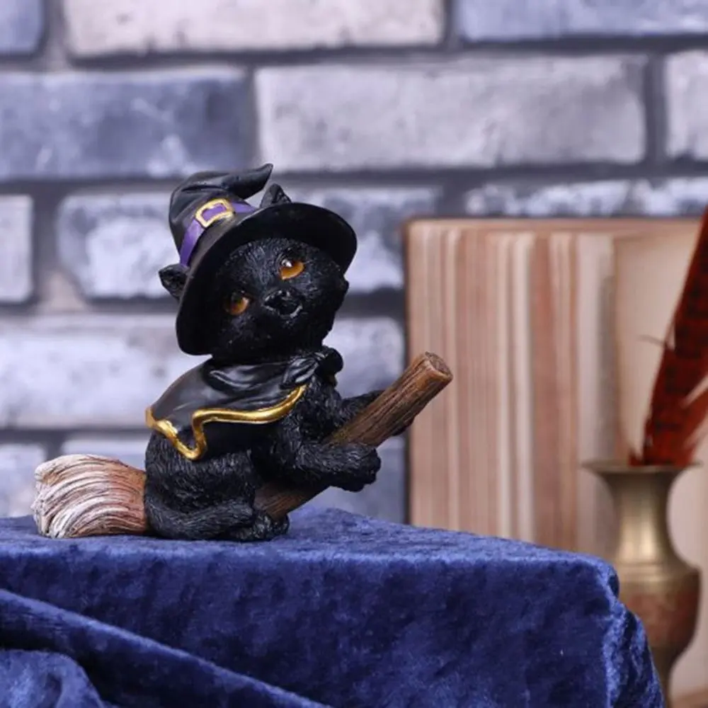 Creative Resin Flying Broom Cat Small Cute Black Cat Witch Statue Decorative Witch Cats Figurine for Halloween