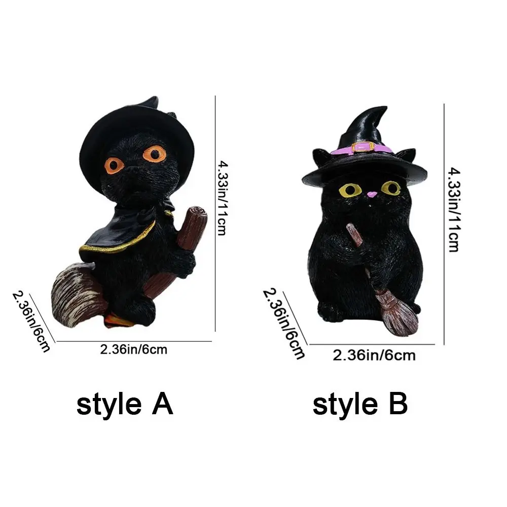 Creative Resin Flying Broom Cat Small Cute Black Cat Witch Statue Decorative Witch Cats Figurine for Halloween