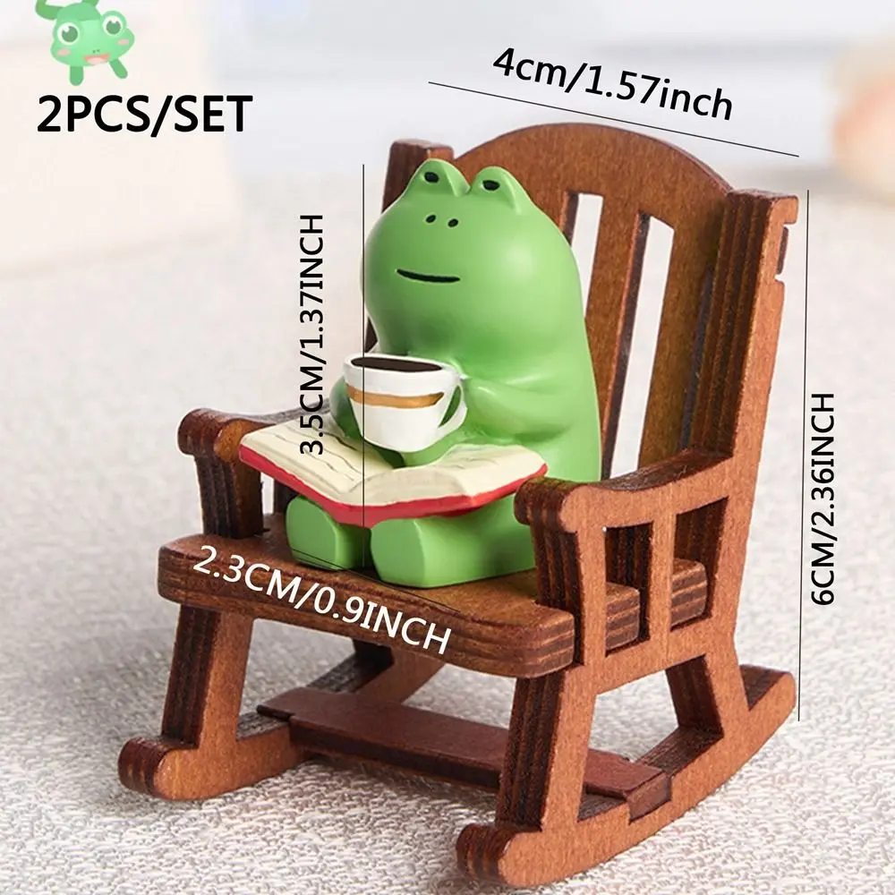 2PCs/set Creative Cute Rocking Chair Frog Models Mini Handmade Reading Frog Miniatures Cartoon Small Chair Ornaments Photo Props