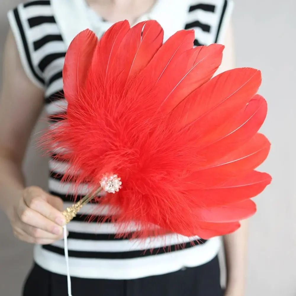 Exquisite Pearl Feather Fan Handmade Creative Peacock Feather Fan with Tassel Pendant Costume Dancing Show Decorative Craft Fan
