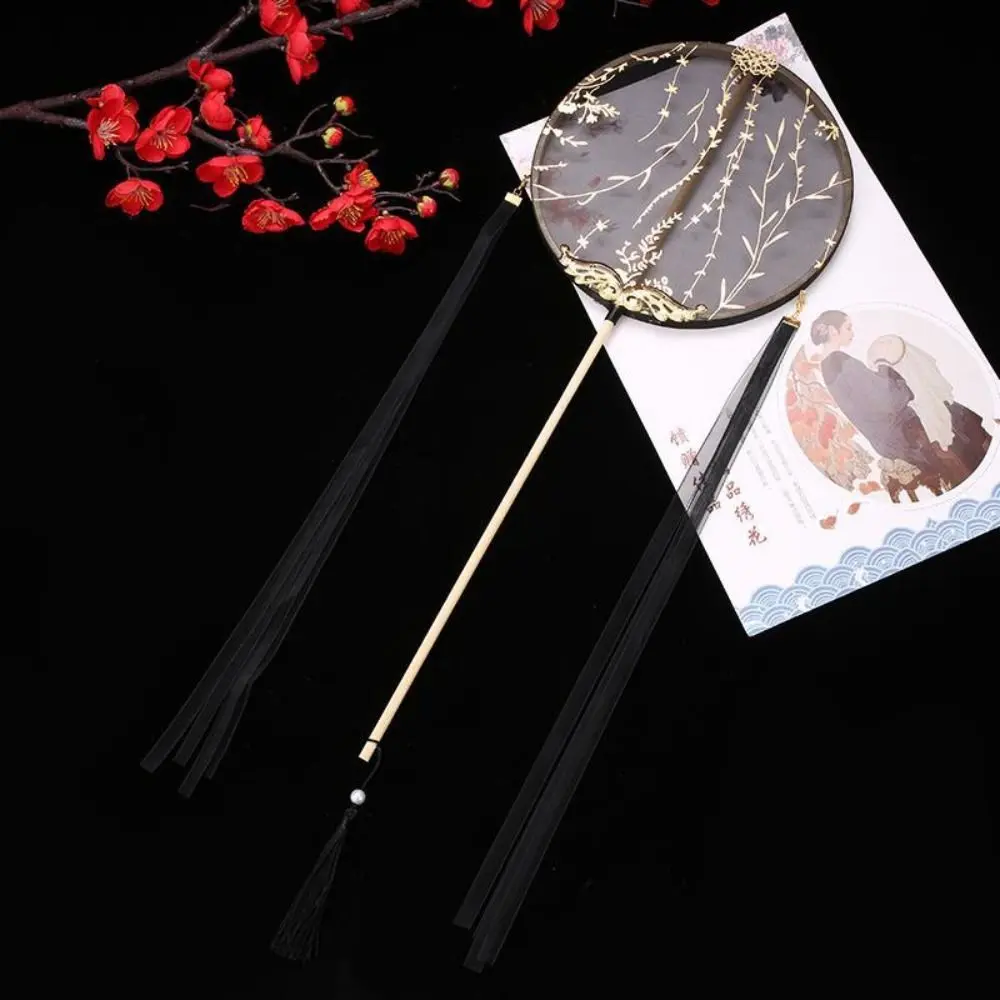 Chinese Style Chinese Style Round Fan with Pendant Tassels Silk Fan Long Handle Translucent Embroidery Fan Photography Prop