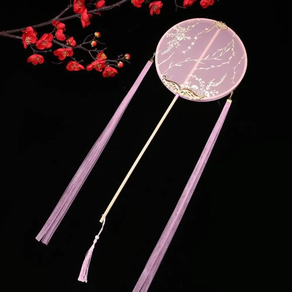 Chinese Style Chinese Style Round Fan with Pendant Tassels Silk Fan Long Handle Translucent Embroidery Fan Photography Prop