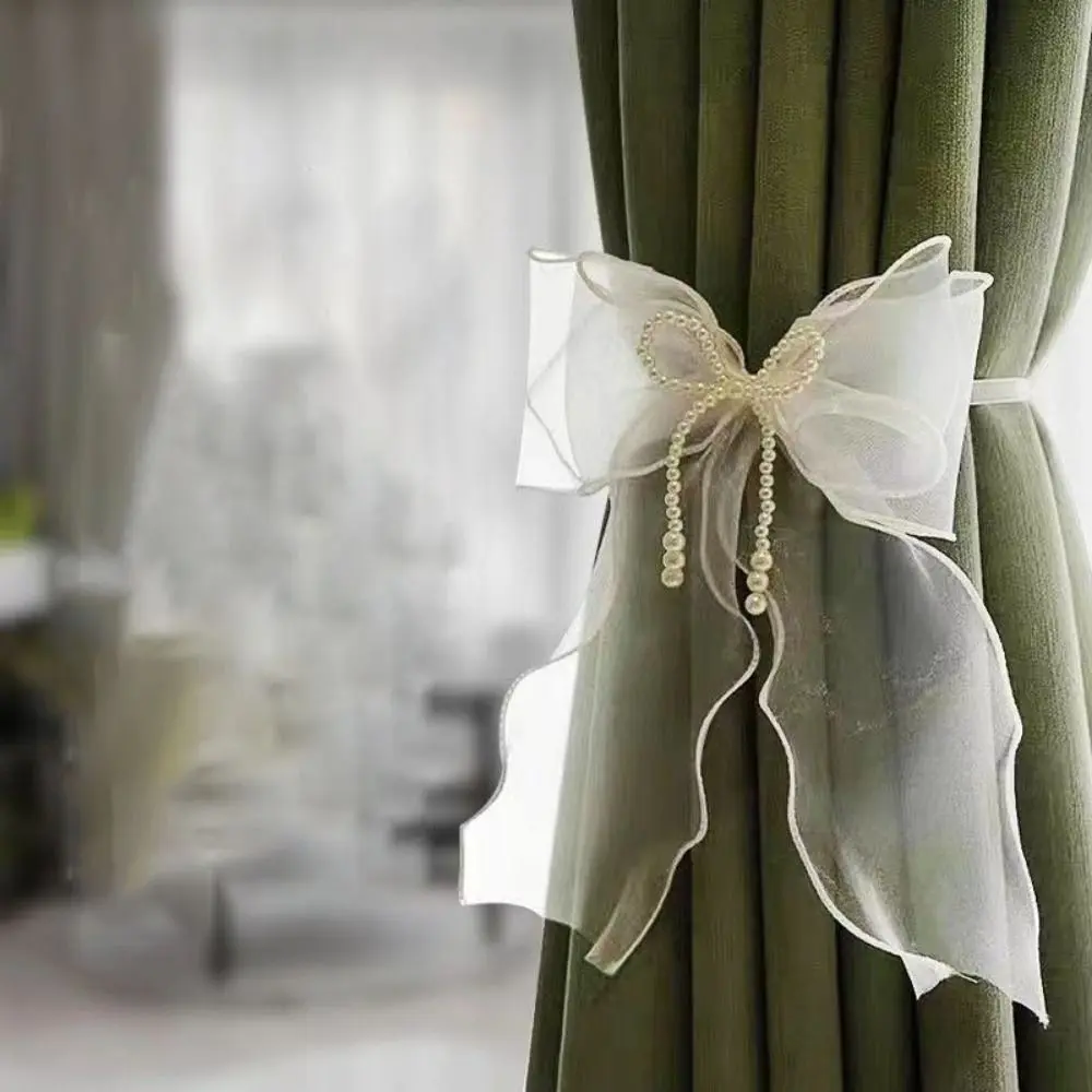 Easy to Use Curtain Bow Tiebacks Princess Style Pearl Bow Design Pearl Bow Curtains Straps Light Luxury Curtains Binding Rope