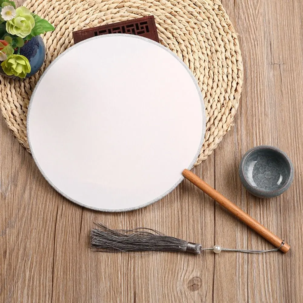 Vintage Blank Round Hand Fan Chinese Style Unfinished Art Painting Fans Embroidery with Tassel Wooden Silk Hand Fan