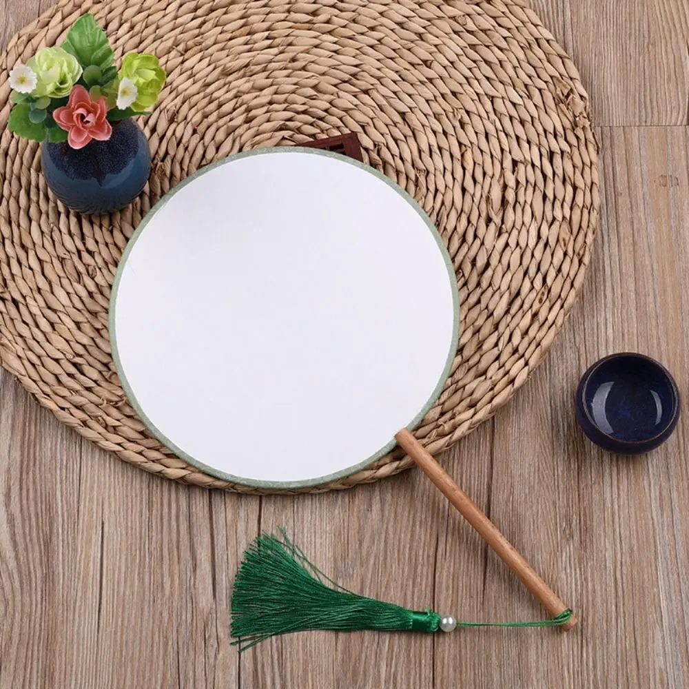 Vintage Blank Round Hand Fan Chinese Style Unfinished Art Painting Fans Embroidery with Tassel Wooden Silk Hand Fan