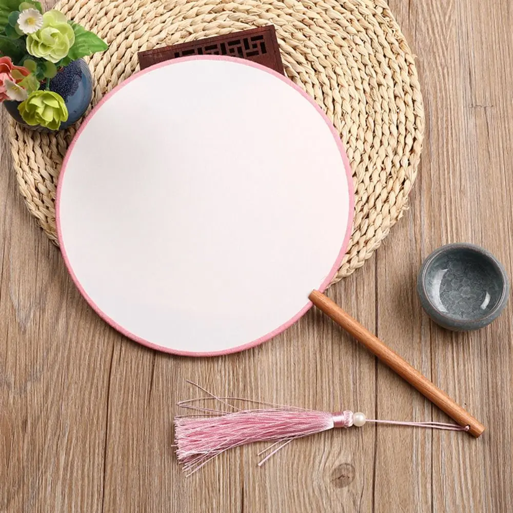 Vintage Blank Round Hand Fan Chinese Style Unfinished Art Painting Fans Embroidery with Tassel Wooden Silk Hand Fan