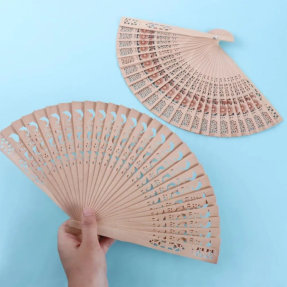 Punched Wood Fan Handle Hand Fan Sandalwood Fan Folding Fans Hollow Dance Hand Fans Photo Prop Tool Hand Held Flower Fans