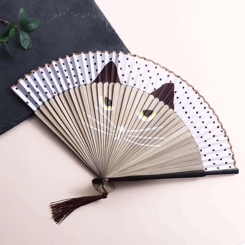 Quality Exiquisite Summer Gift Cartoon Bamboo Wooden Cat Patterns Fan Crafts Home Decoration Silk Fan Folding Fan