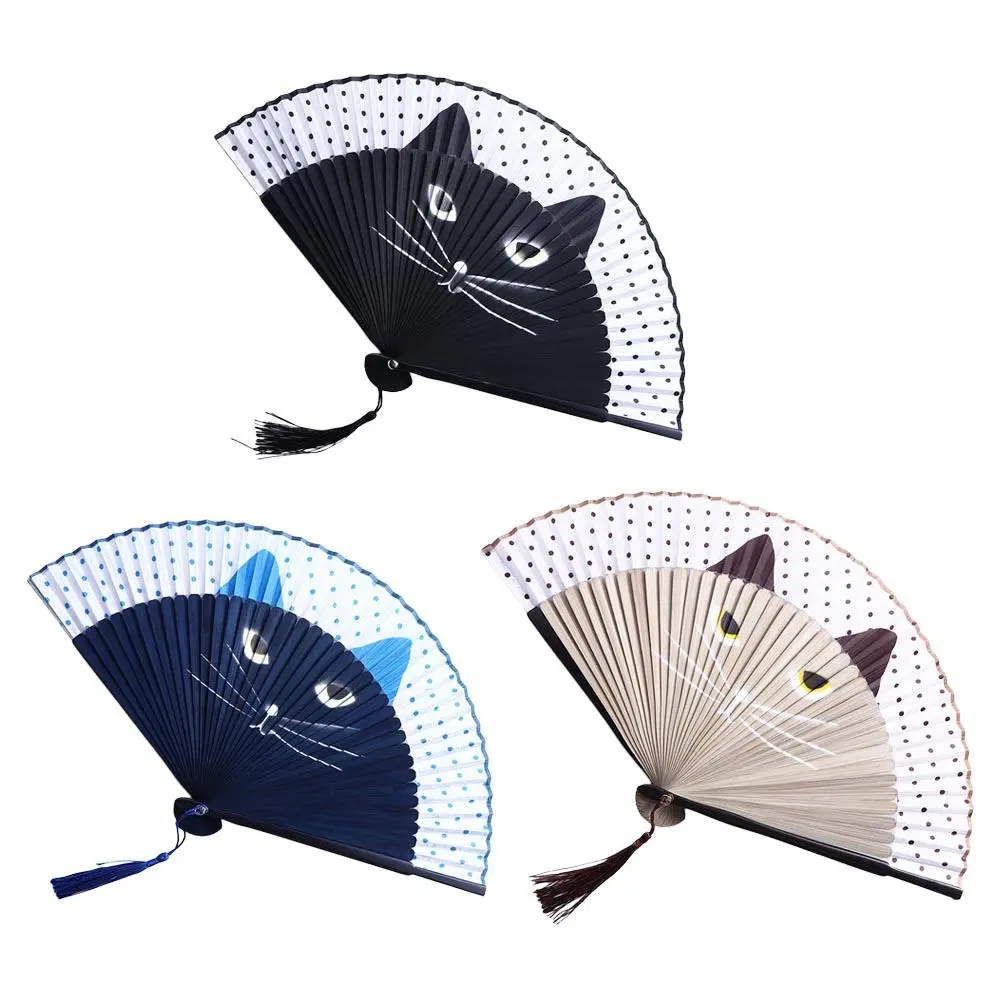 Quality Exiquisite Summer Gift Cartoon Bamboo Wooden Cat Patterns Fan Crafts Home Decoration Silk Fan Folding Fan