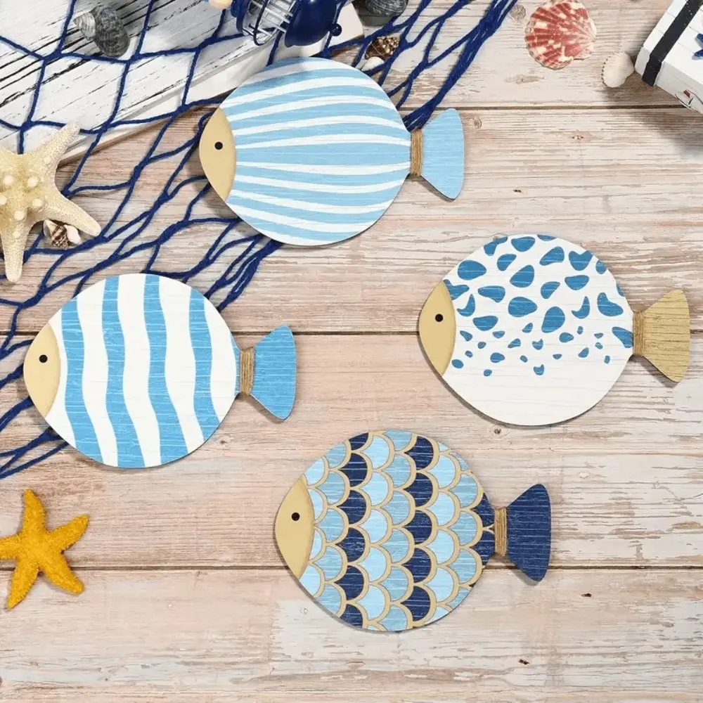 4pcs Wooden Ocean Fish Wall Hanging Ornament Hand Carved Wall Art Nautical Beach Fish Pendant Funny Ocean Animal Signs Cafe Bar