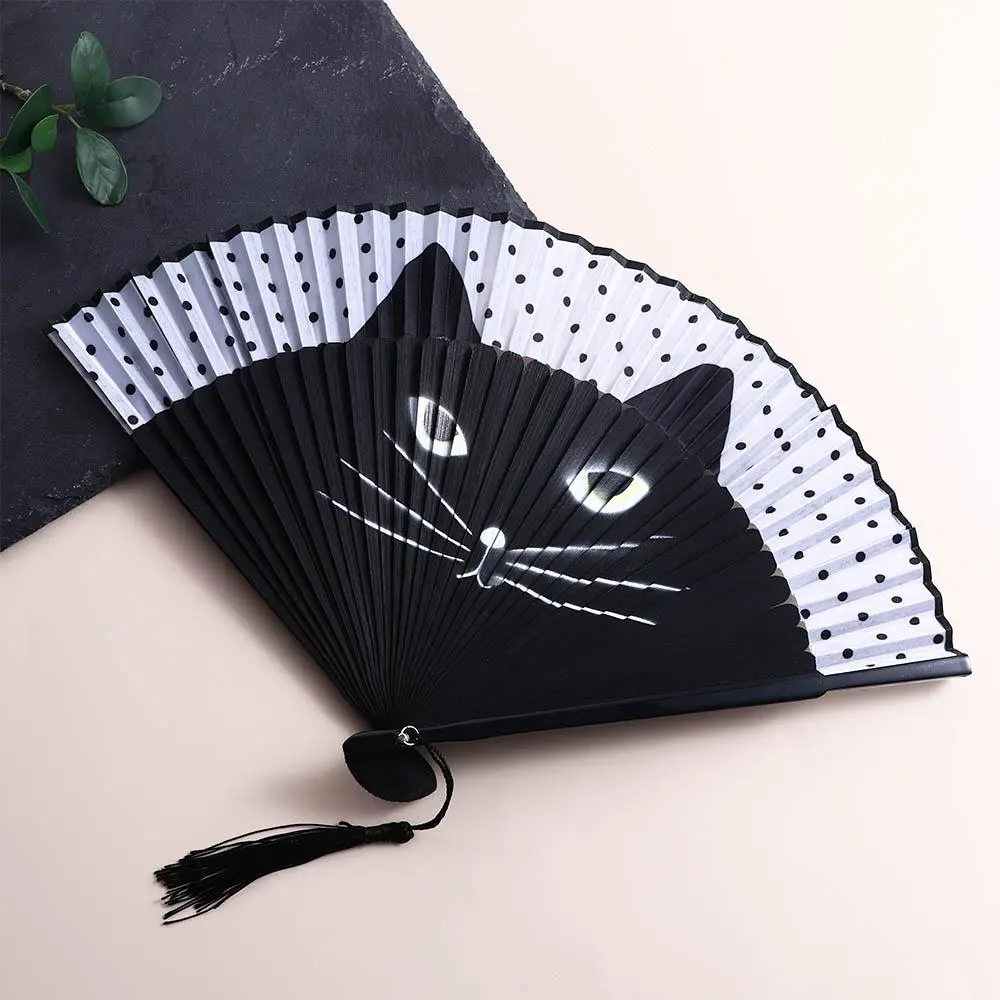 Quality Exiquisite Summer Gift Cartoon Bamboo Wooden Cat Patterns Fan Crafts Home Decoration Silk Fan Folding Fan