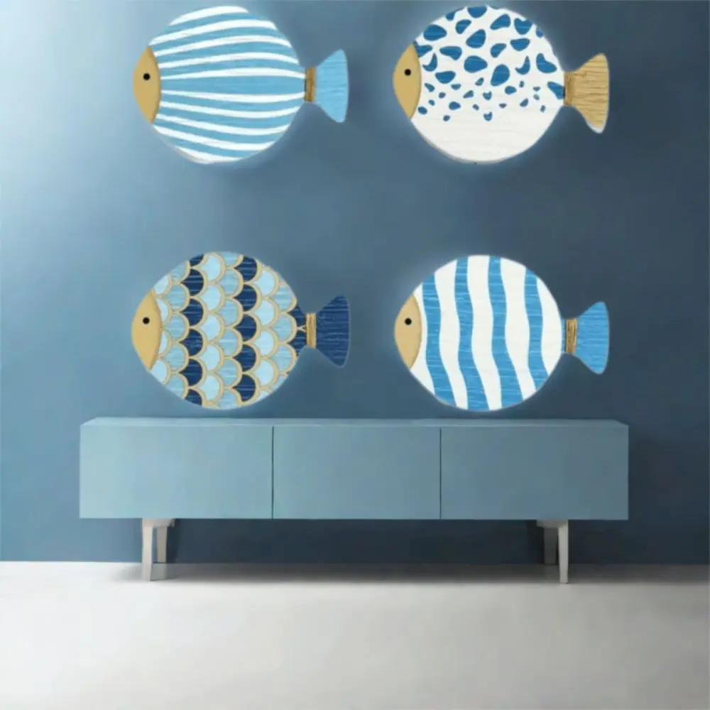 4pcs Wooden Ocean Fish Wall Hanging Ornament Hand Carved Wall Art Nautical Beach Fish Pendant Funny Ocean Animal Signs Cafe Bar