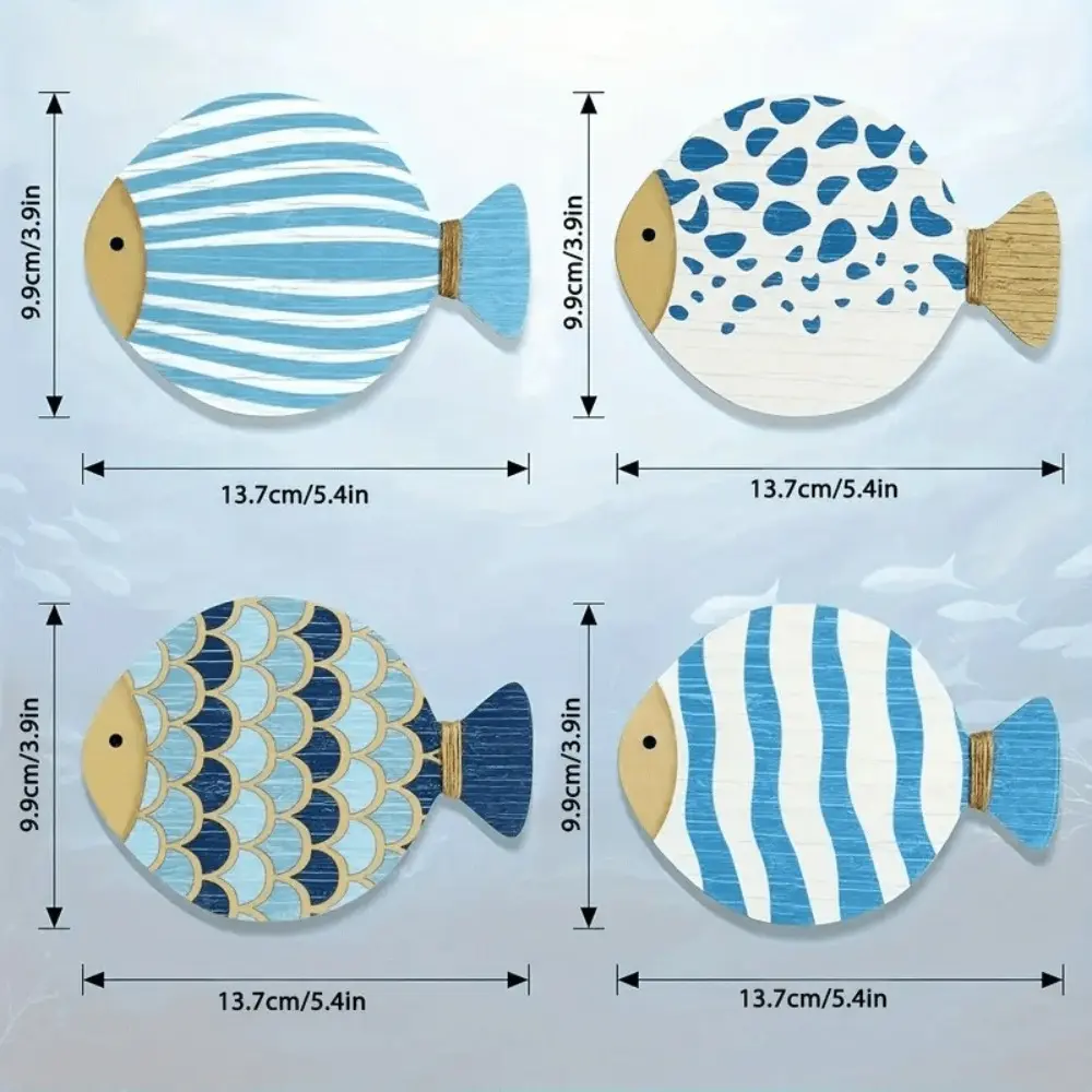4pcs Wooden Ocean Fish Wall Hanging Ornament Hand Carved Wall Art Nautical Beach Fish Pendant Funny Ocean Animal Signs Cafe Bar