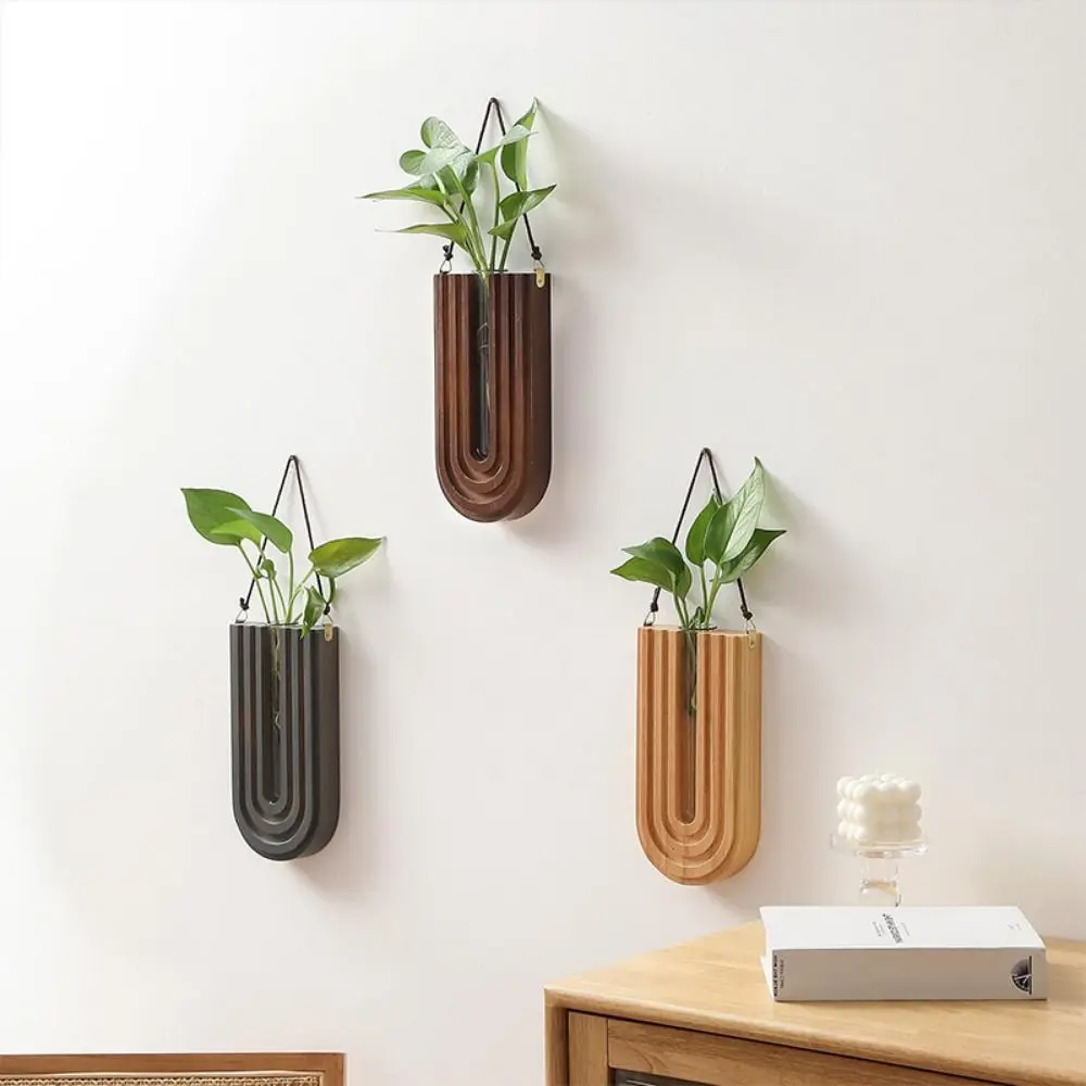 Pastoral Stable Wall-mounted Hydroponic Vase Handmade Craft Wood Frame Vase Durable Plant Holder Pendant Living Room