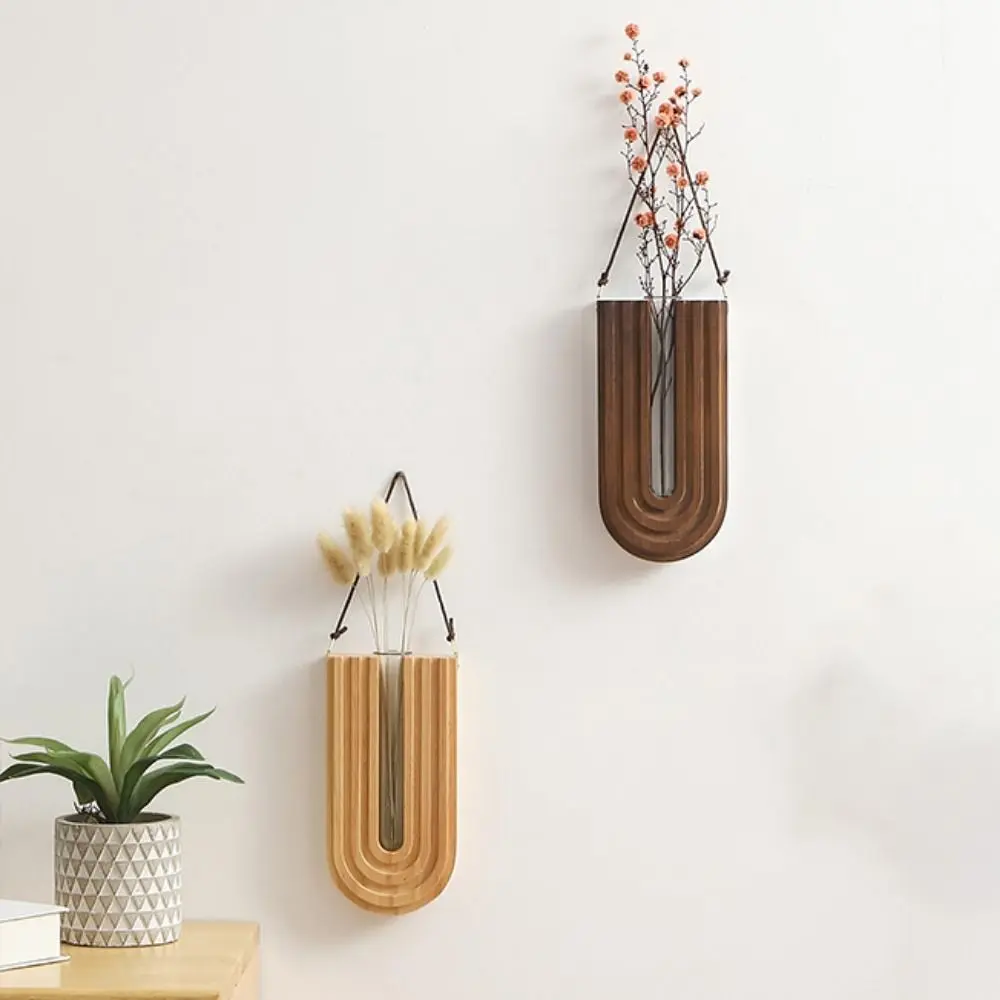 Pastoral Stable Wall-mounted Hydroponic Vase Handmade Craft Wood Frame Vase Durable Plant Holder Pendant Living Room