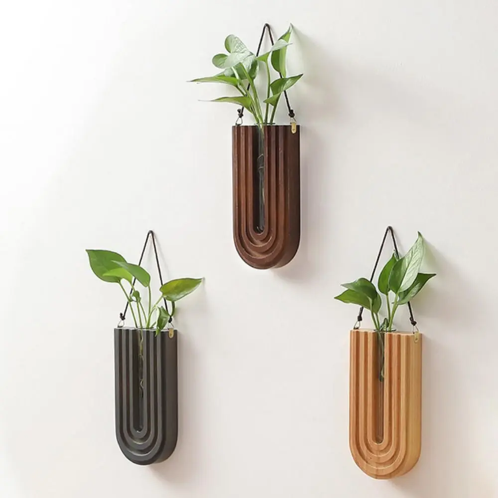 Pastoral Stable Wall-mounted Hydroponic Vase Handmade Craft Wood Frame Vase Durable Plant Holder Pendant Living Room