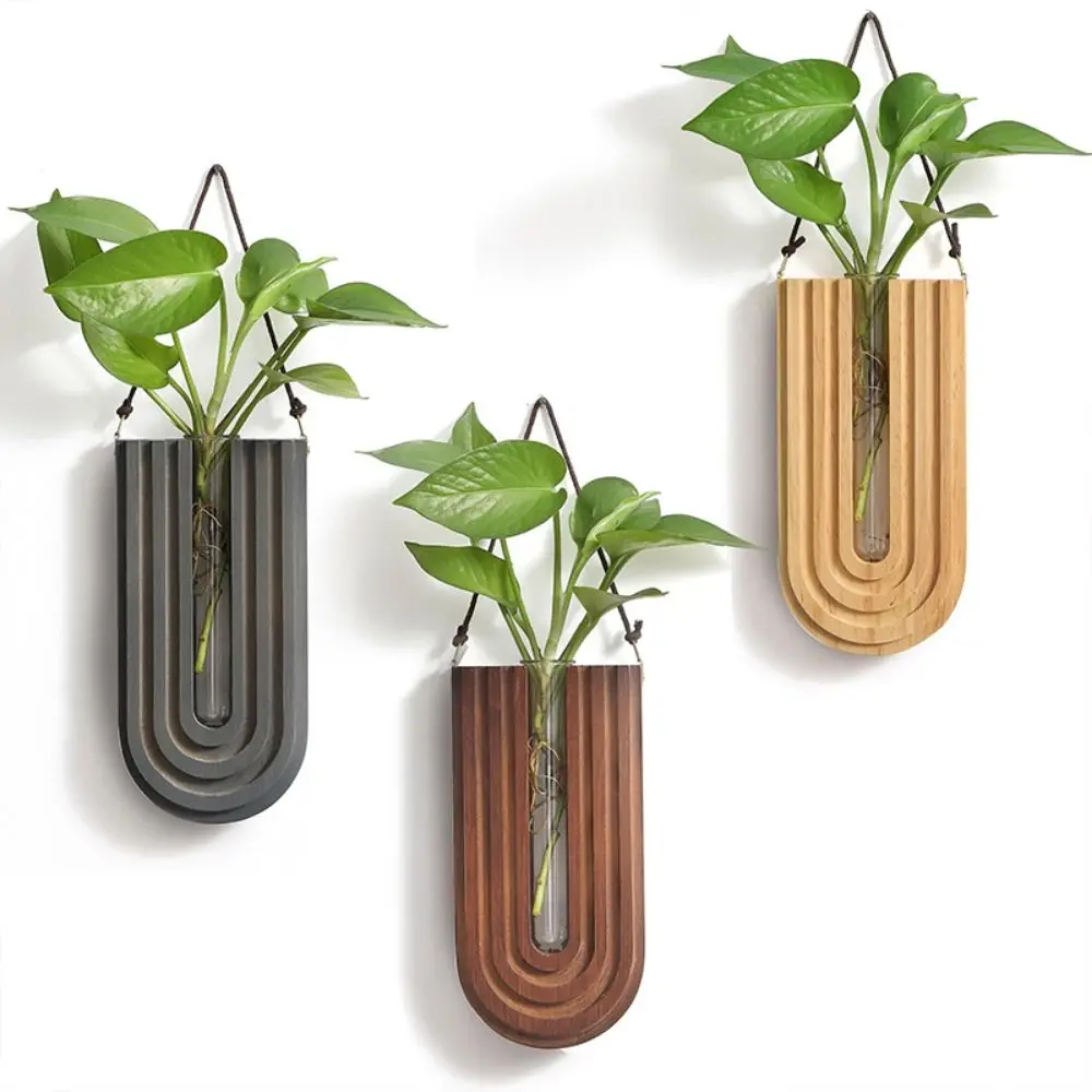 Pastoral Stable Wall-mounted Hydroponic Vase Handmade Craft Wood Frame Vase Durable Plant Holder Pendant Living Room