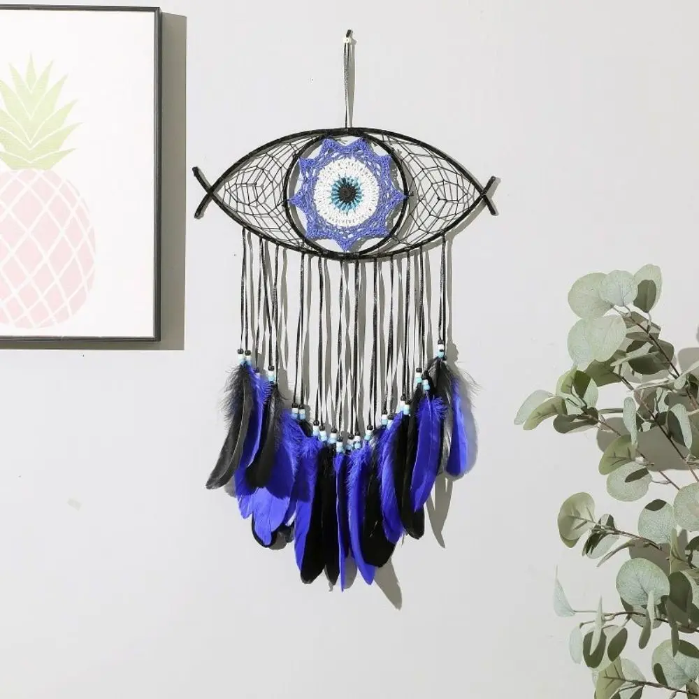 Wall Art Handmade Dreamcatcher Creative Funny Evil Eye Pendant Blue Feather Macrame Wall Hanging Bedroom