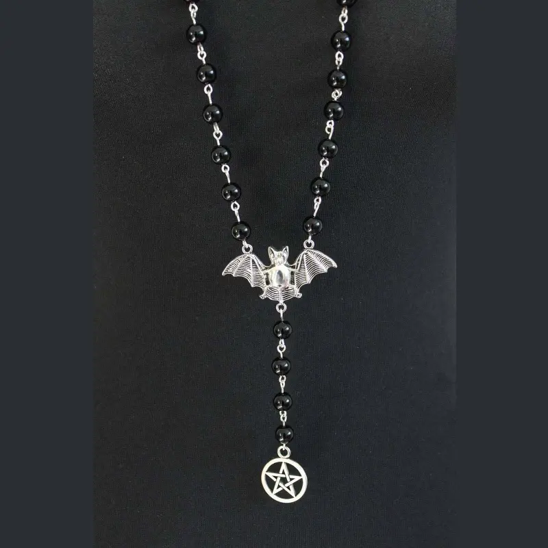 652F Gothic Bat Rosary Necklace Pentagram Pendant Victorian for Vampire Bat Necklace Gothic Ladies Holiday Gifts Jewelry Gift