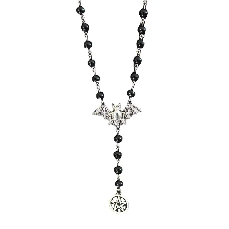 652F Gothic Bat Rosary Necklace Pentagram Pendant Victorian for Vampire Bat Necklace Gothic Ladies Holiday Gifts Jewelry Gift