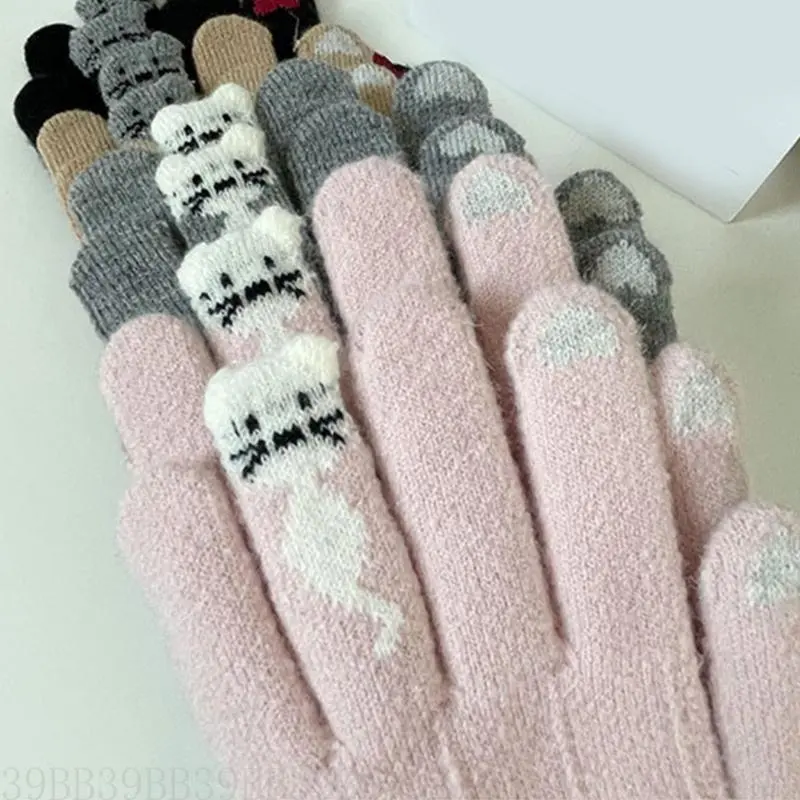 39BB Lovely Cats Pattern Screen Touch Gloves Soft Knitted Hand Warmer for Cold Weather