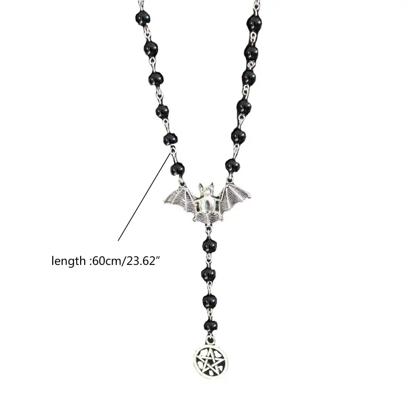 652F Gothic Bat Rosary Necklace Pentagram Pendant Victorian for Vampire Bat Necklace Gothic Ladies Holiday Gifts Jewelry Gift