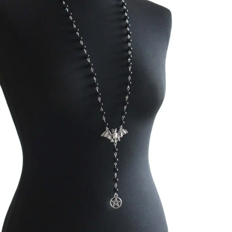652F Gothic Bat Rosary Necklace Pentagram Pendant Victorian for Vampire Bat Necklace Gothic Ladies Holiday Gifts Jewelry Gift