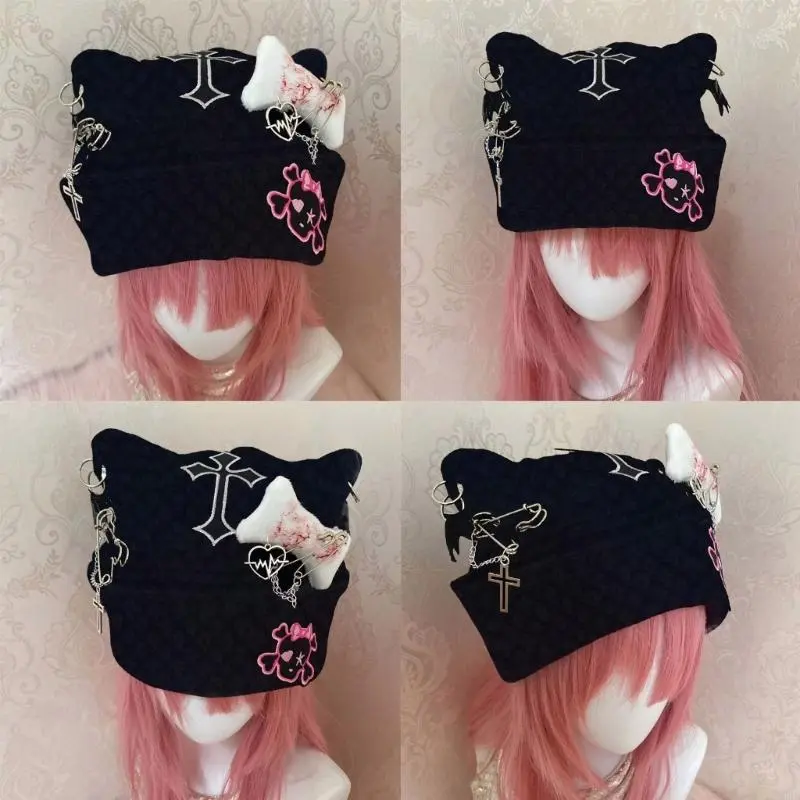 Elastic Punk Ear Hat Black Knitted Hat with Dangle Jewelry for Women Keep Ear Warm Hat Cold Weather Supplies