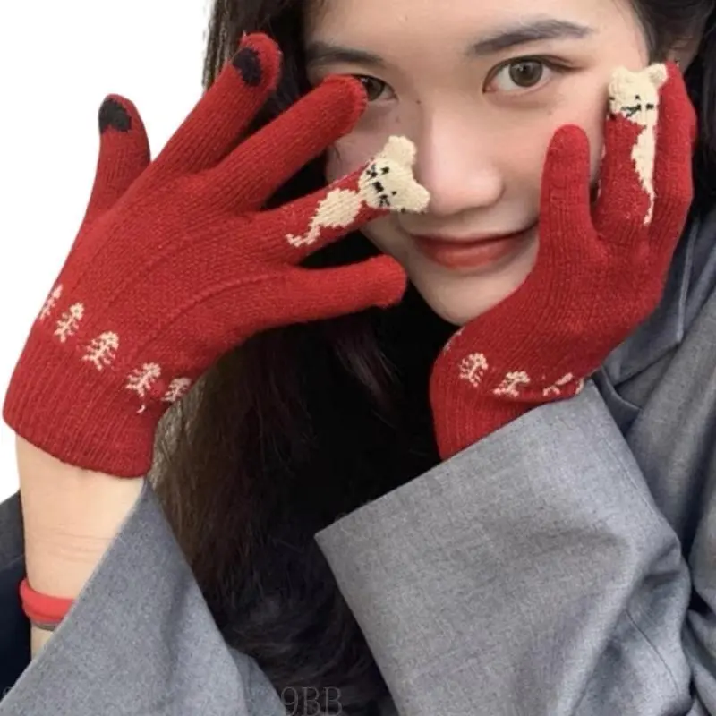 39BB Lovely Cats Pattern Screen Touch Gloves Soft Knitted Hand Warmer for Cold Weather