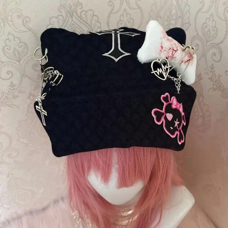 Elastic Punk Ear Hat Black Knitted Hat with Dangle Jewelry for Women Keep Ear Warm Hat Cold Weather Supplies