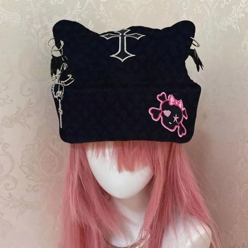 Elastic Punk Ear Hat Black Knitted Hat with Dangle Jewelry for Women Keep Ear Warm Hat Cold Weather Supplies