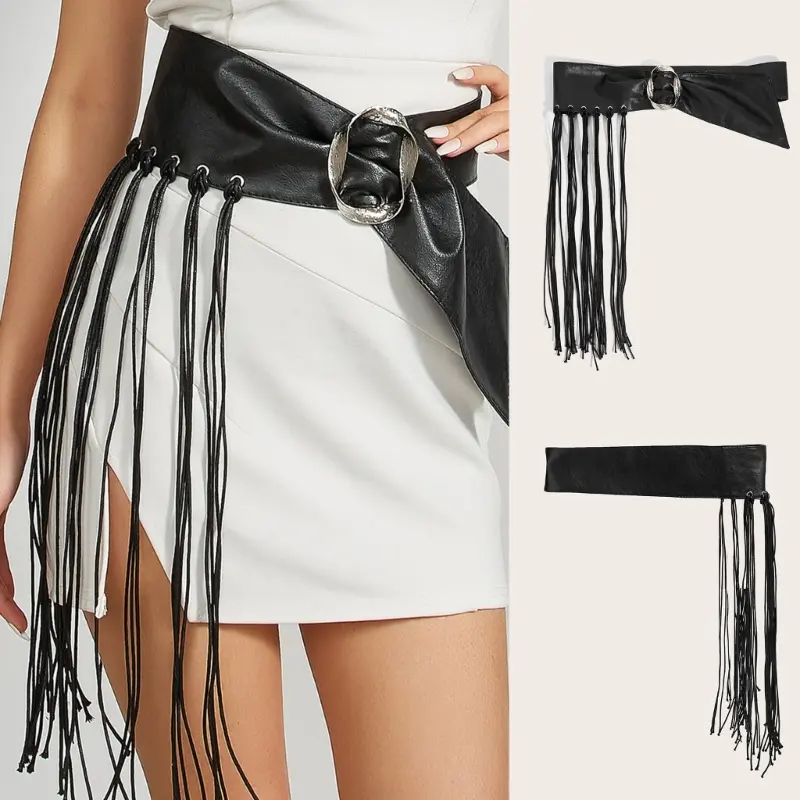 652F Soft PU Leather Waistband Metal Buckles Stylish Fringe Unisex Accessory For Costume Parties
