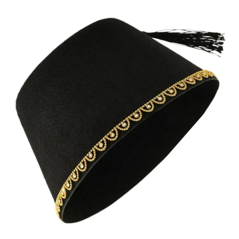 652F Tarboosh Fez Hat for Men Traditional Moroccan Hat Ottoman Round Fez Hat Breathable Turkish Tassels Caps for Culture Event