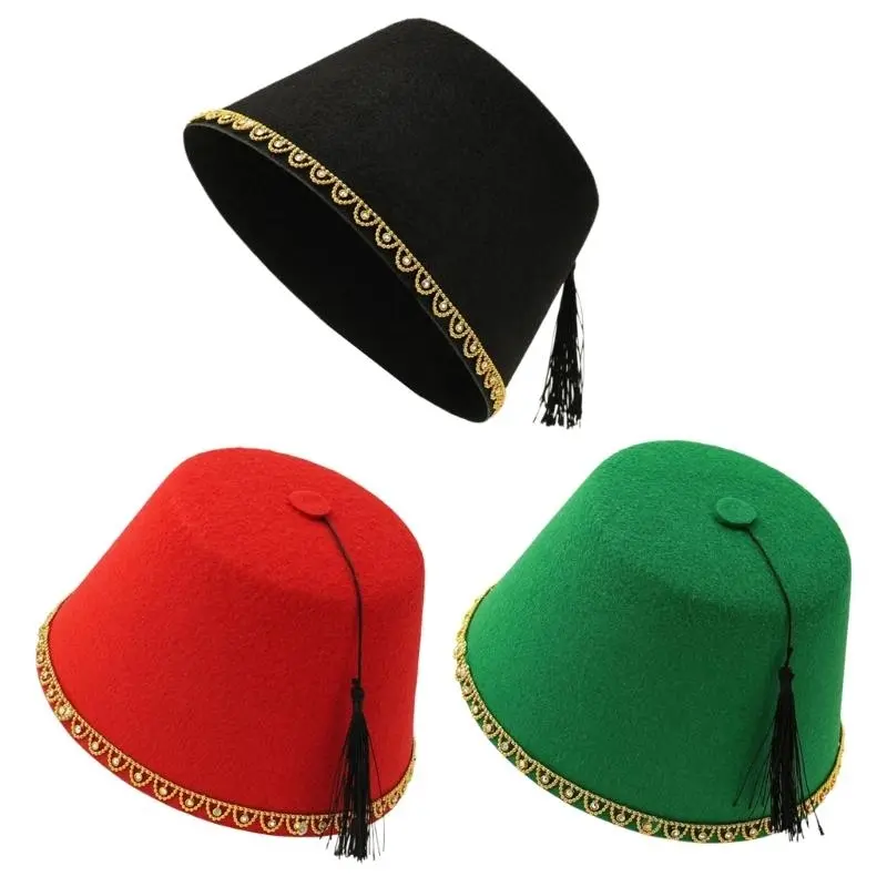 652F Tarboosh Fez Hat for Men Traditional Moroccan Hat Ottoman Round Fez Hat Breathable Turkish Tassels Caps for Culture Event