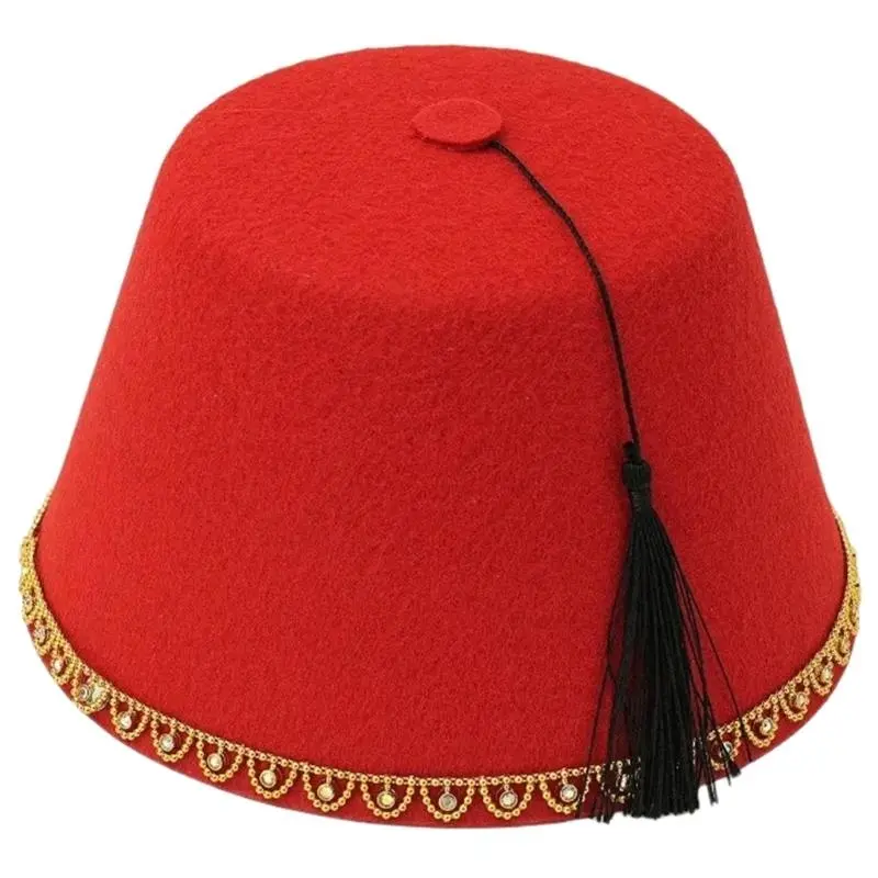652F Tarboosh Fez Hat for Men Traditional Moroccan Hat Ottoman Round Fez Hat Breathable Turkish Tassels Caps for Culture Event