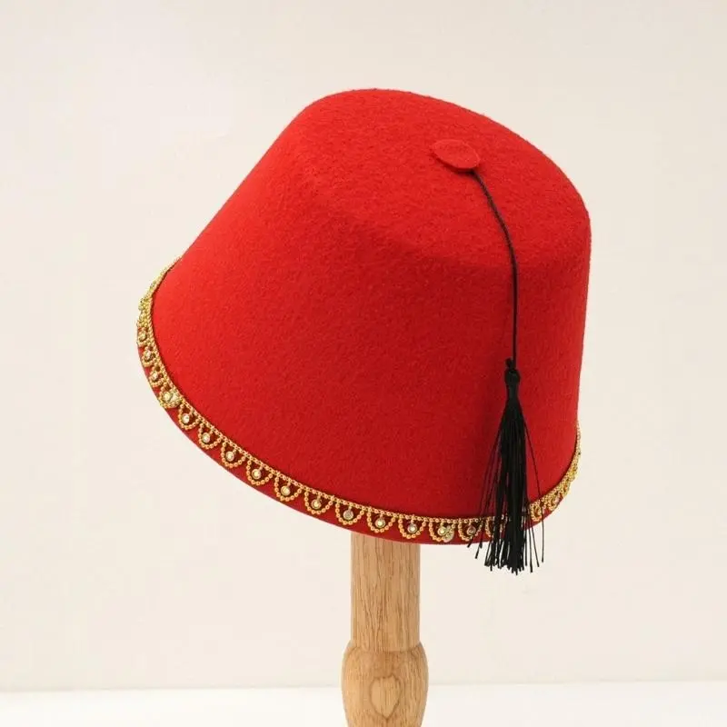 652F Tarboosh Fez Hat for Men Traditional Moroccan Hat Ottoman Round Fez Hat Breathable Turkish Tassels Caps for Culture Event