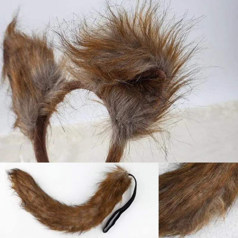 652F Foxes Ears Headband with Tail Set Soft Animal Tail Lovely Wolf Ears Headwear Halloween Cosplay Costume Set for Party