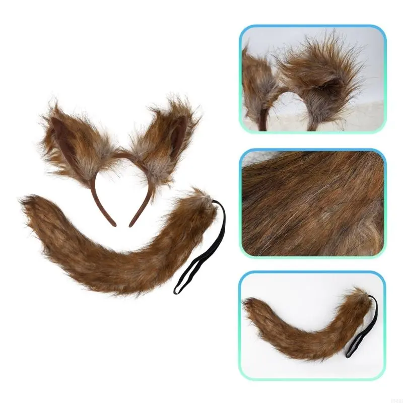 652F Foxes Ears Headband with Tail Set Soft Animal Tail Lovely Wolf Ears Headwear Halloween Cosplay Costume Set for Party