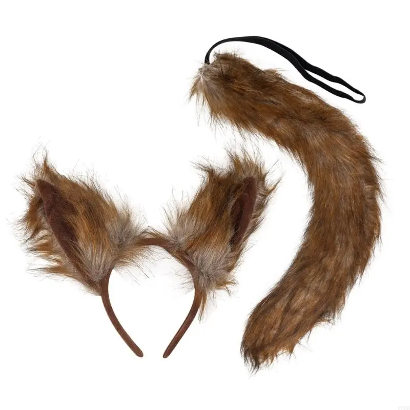 652F Foxes Ears Headband with Tail Set Soft Animal Tail Lovely Wolf Ears Headwear Halloween Cosplay Costume Set for Party