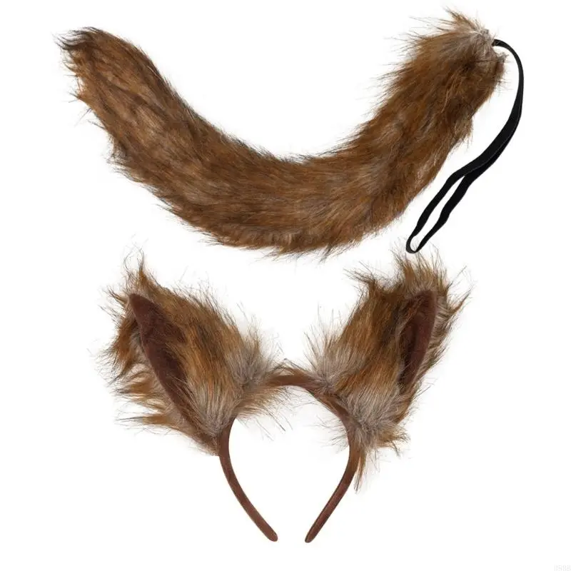 652F Foxes Ears Headband with Tail Set Soft Animal Tail Lovely Wolf Ears Headwear Halloween Cosplay Costume Set for Party