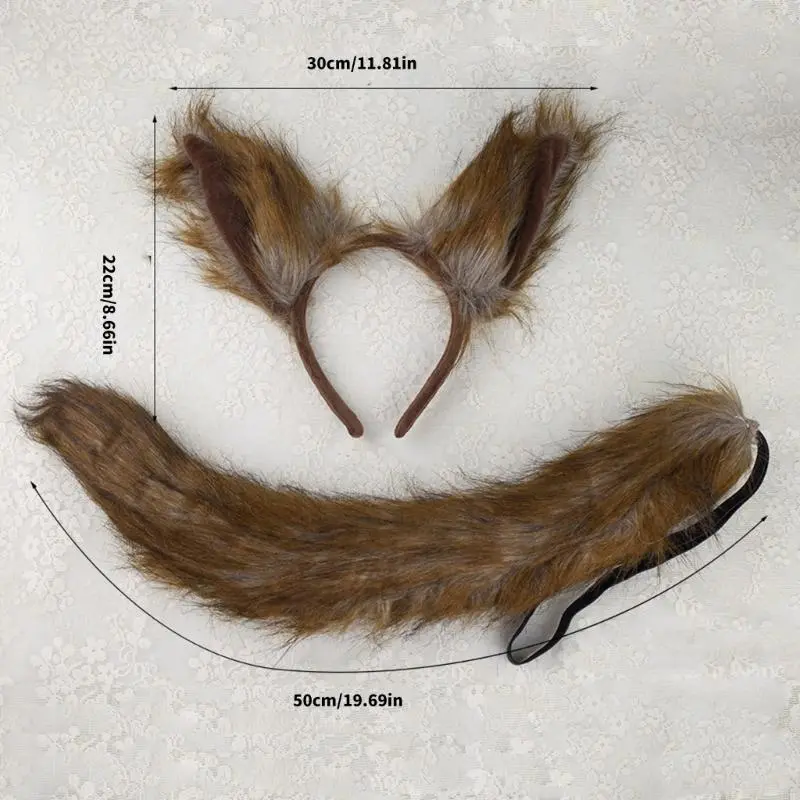 652F Foxes Ears Headband with Tail Set Soft Animal Tail Lovely Wolf Ears Headwear Halloween Cosplay Costume Set for Party
