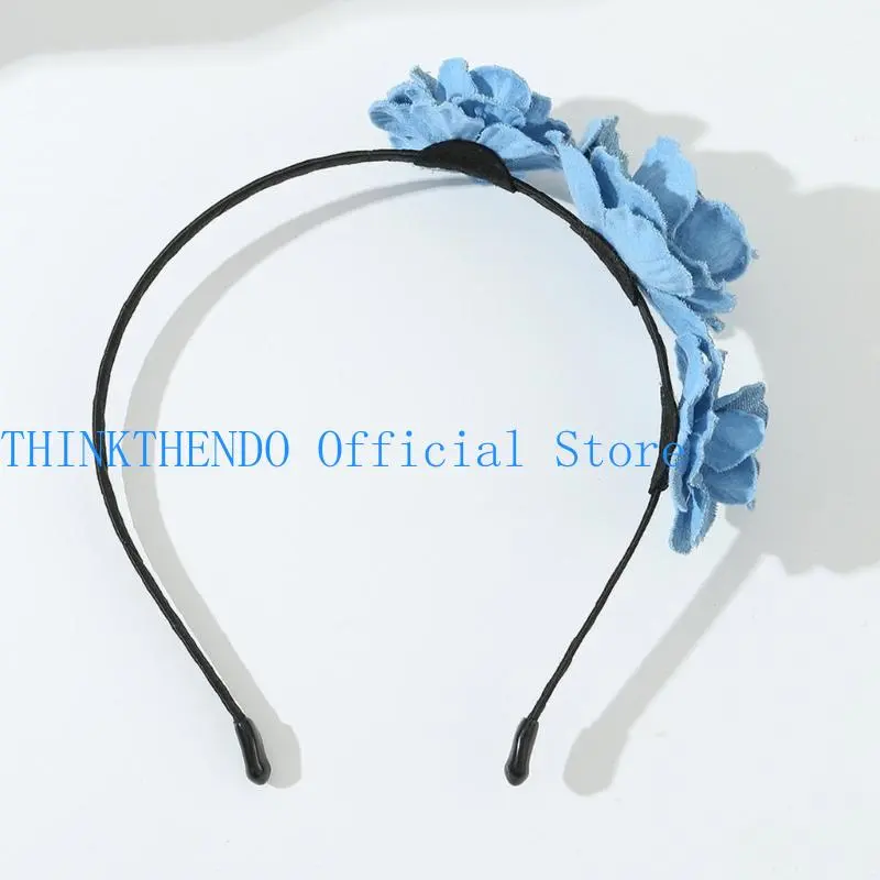 652F Unique Washed-Denim Headbands for Woman Non-slip Headbands with Rose Headband for Girls Washing Face Sports
