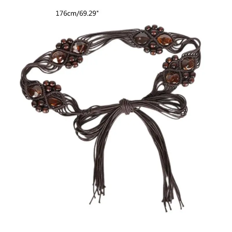 652F Womens Braided Waist Belt Skinny Woven Tassels Belt for Dress Thin Waist Rope Knitted Waist Belts for Dress Waistband
