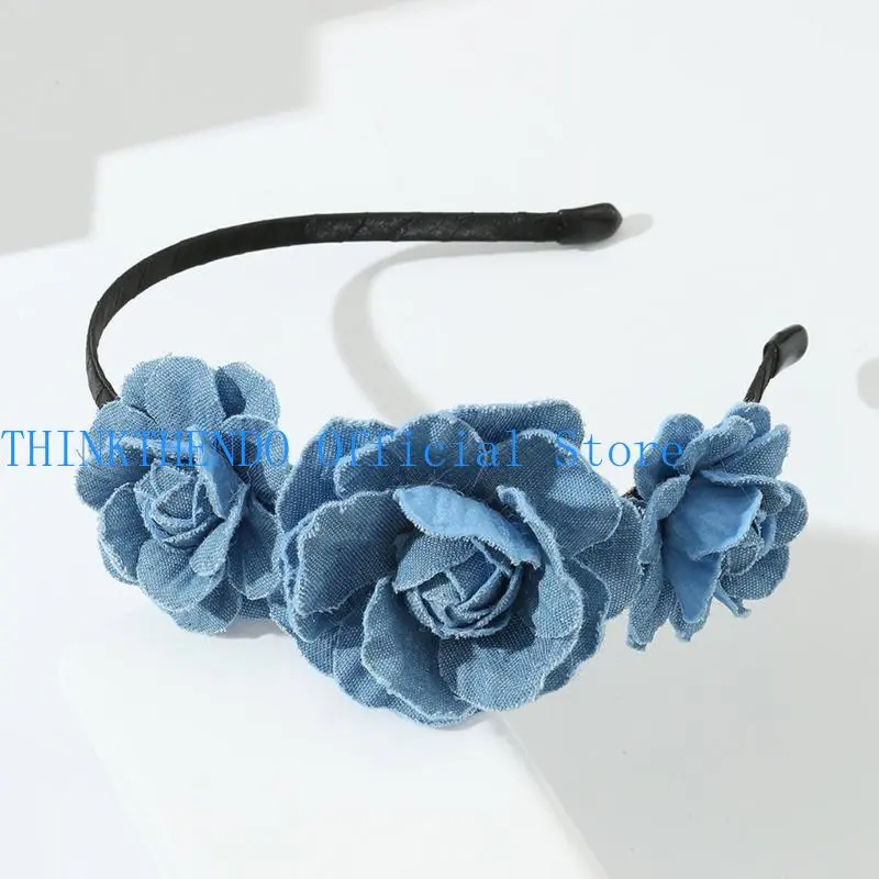 652F Unique Washed-Denim Headbands for Woman Non-slip Headbands with Rose Headband for Girls Washing Face Sports