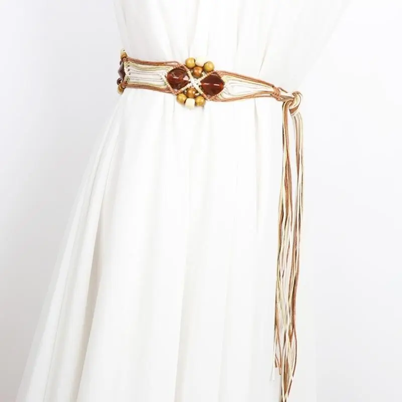 652F Womens Braided Waist Belt Skinny Woven Tassels Belt for Dress Thin Waist Rope Knitted Waist Belts for Dress Waistband