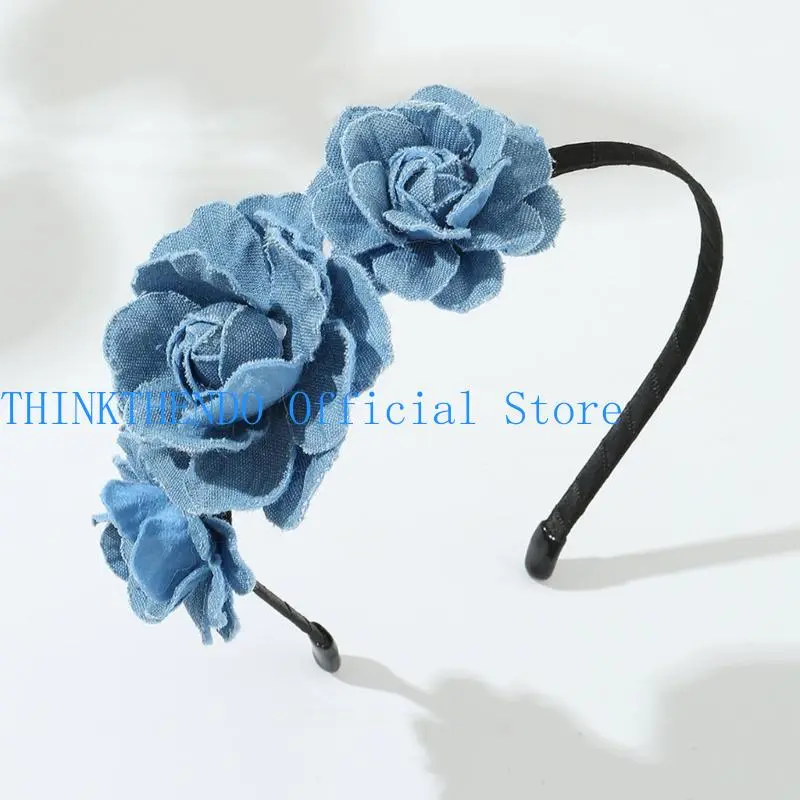 652F Unique Washed-Denim Headbands for Woman Non-slip Headbands with Rose Headband for Girls Washing Face Sports