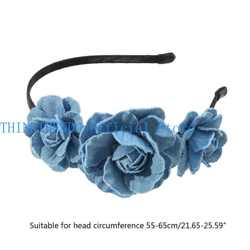 652F Unique Washed-Denim Headbands for Woman Non-slip Headbands with Rose Headband for Girls Washing Face Sports